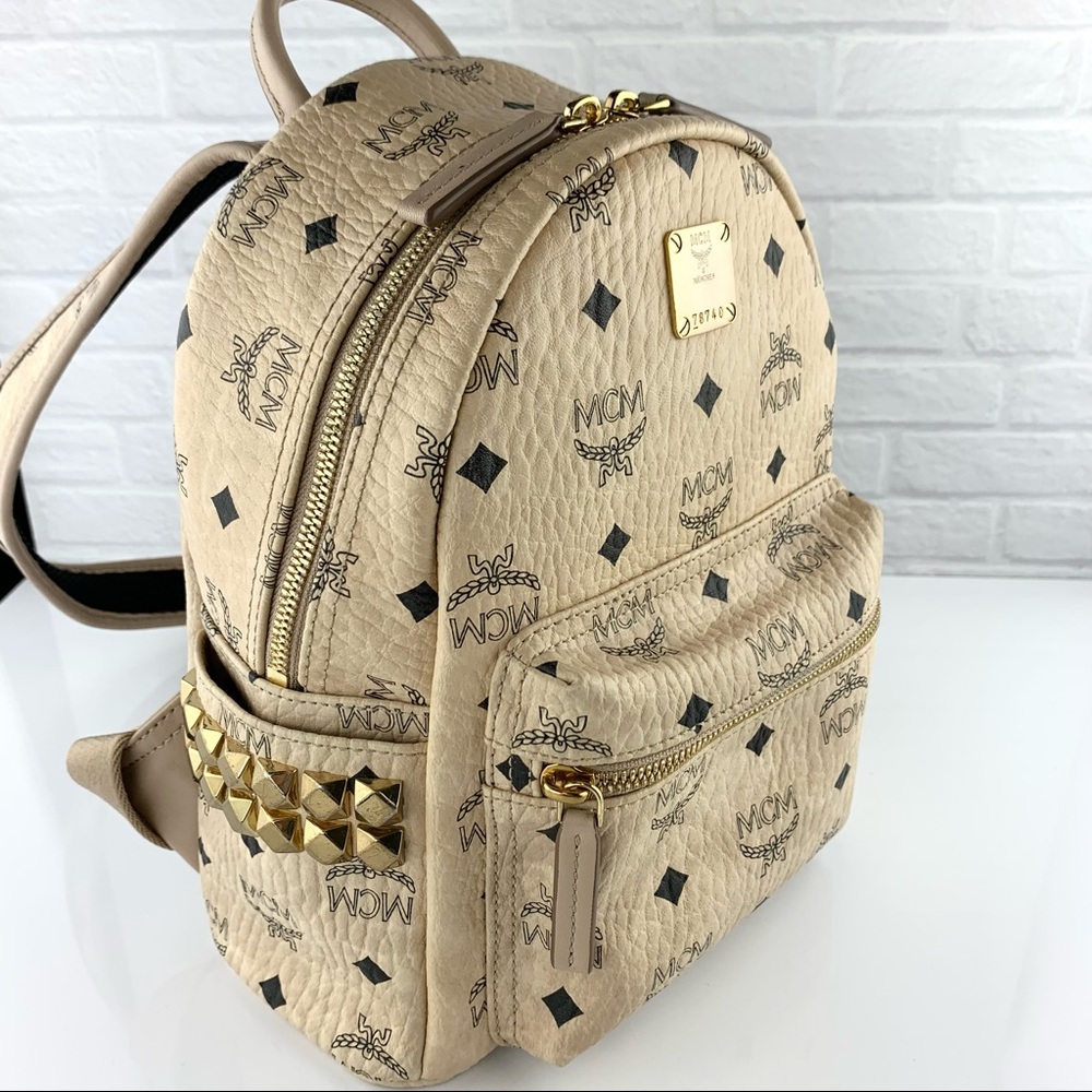 MCM Stark Visetos Studded Coated Canvas Beige Backpack